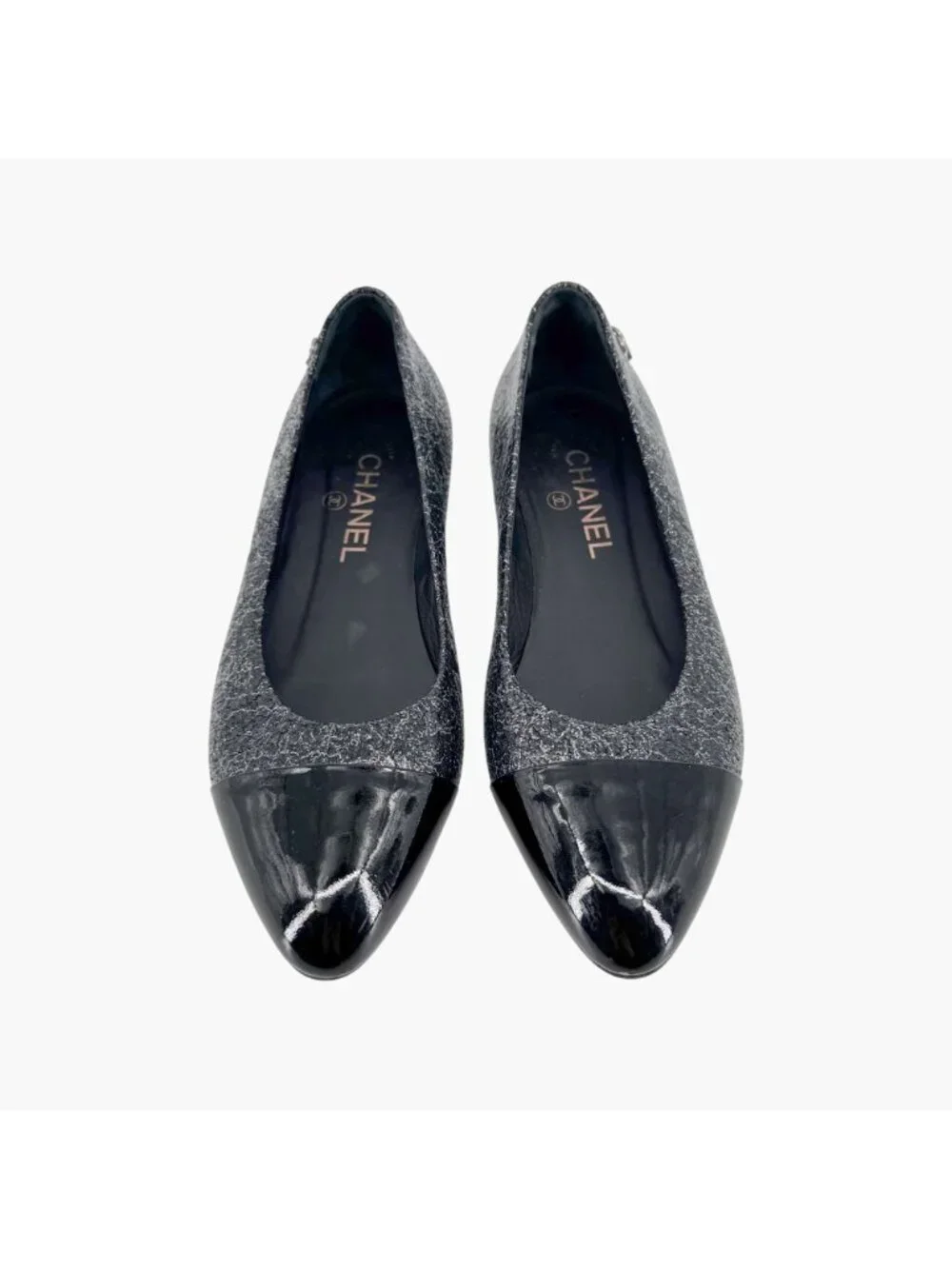 Chanel CC Cap Toe Ballet Flats Black Silver Leather Size 37.5 US 6.5–7 Women